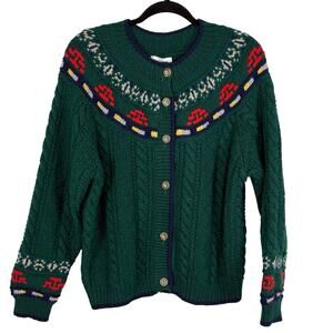 Vtg Chunky Wool Cable Knit Fair Isle Cardigan Women’s Sz XL Forest Green Italy